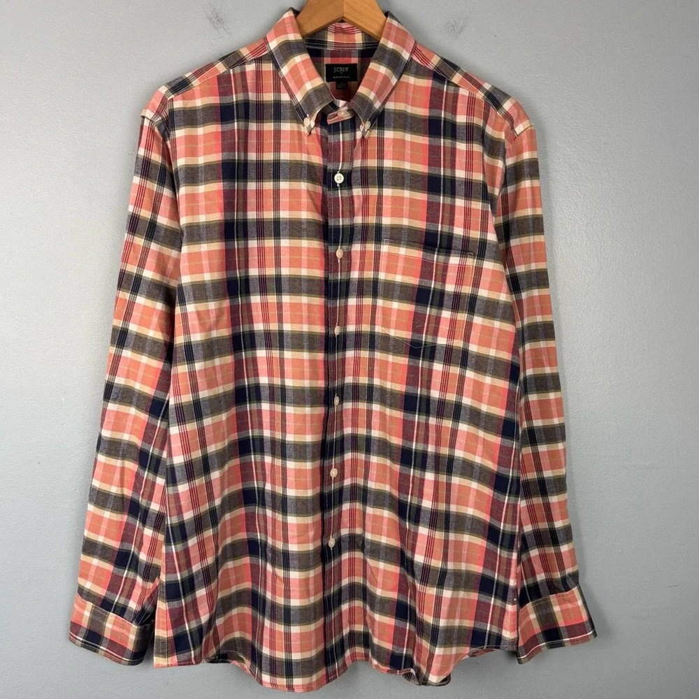J. Crew‎ Men Large Pink Blue Summer Plaid Button Down Long Sleeve Shirt Cotton